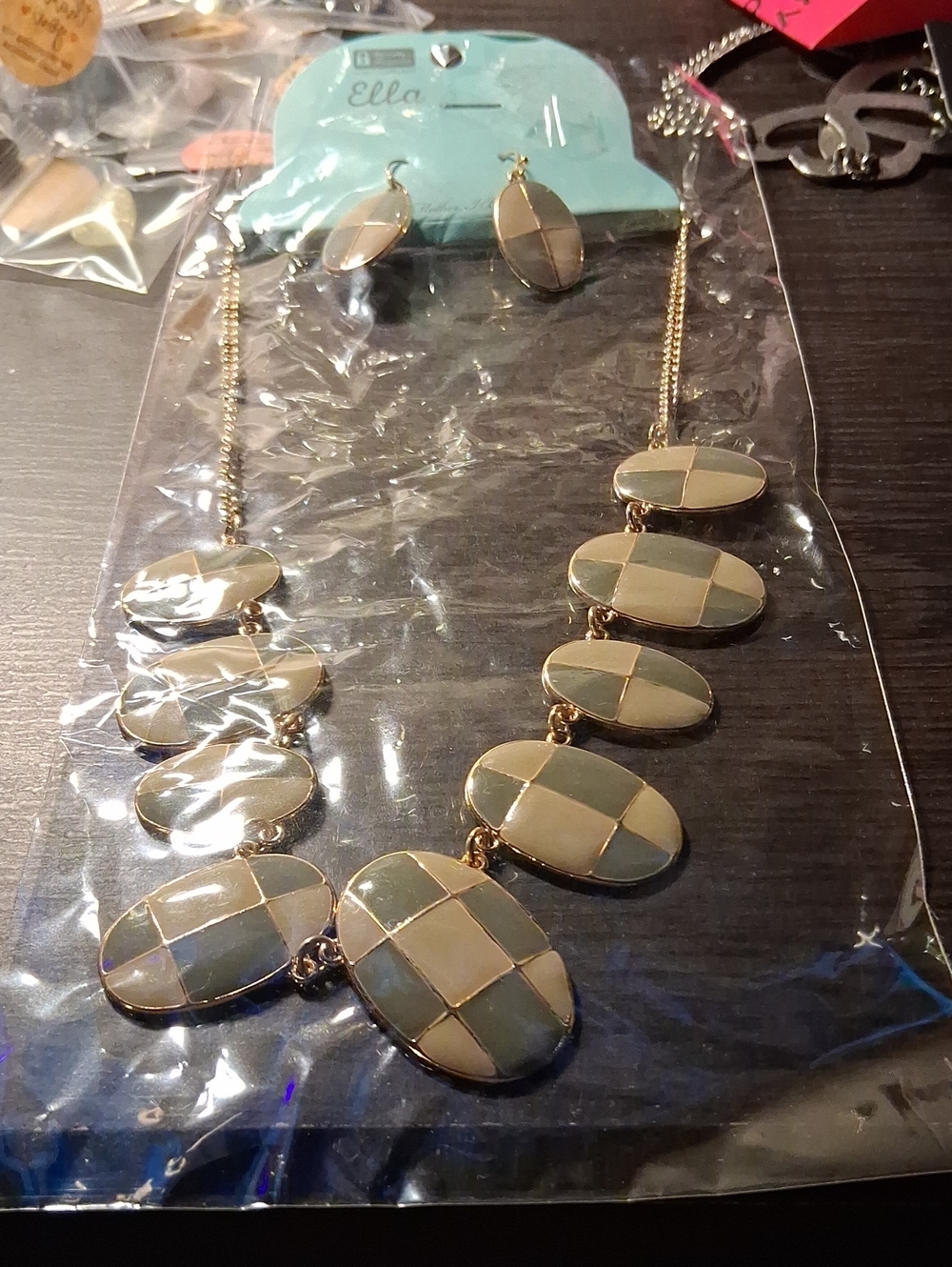 Ella Cream & Gray Oval Checkerboard Necklace with Matching Earrings